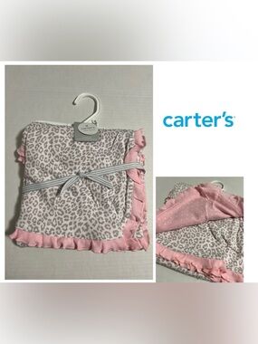 🆕CARTER’S - NWT - 34”X28” - INFANT GIRLS REVERSIBLE LEOPARD / PINK DOT BLANKET